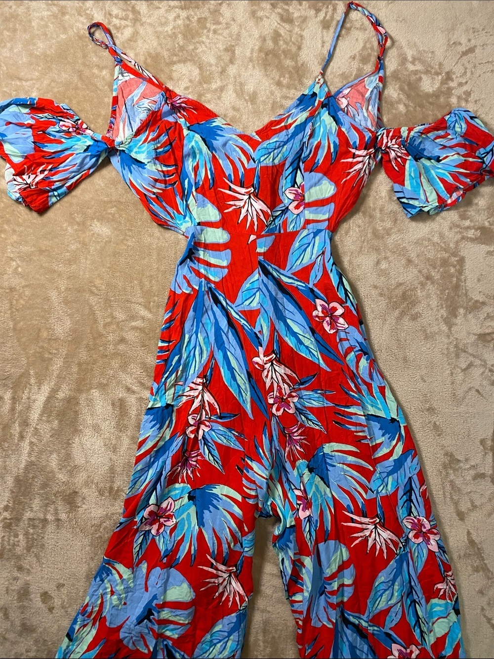 Flying Tomato Red Tropical Print Cold-Shoulder Jumpsuit